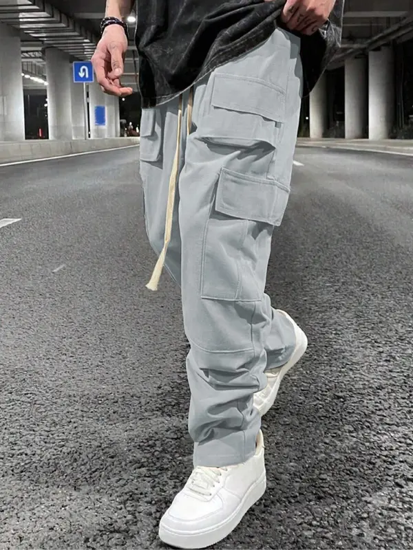 Men's Solid Drawstring Waist Cargo Pants, Street Fashion Casual Pocket Elastic Waist Trousers for Daily Wear, Men's Bottoms for All Seasons 5