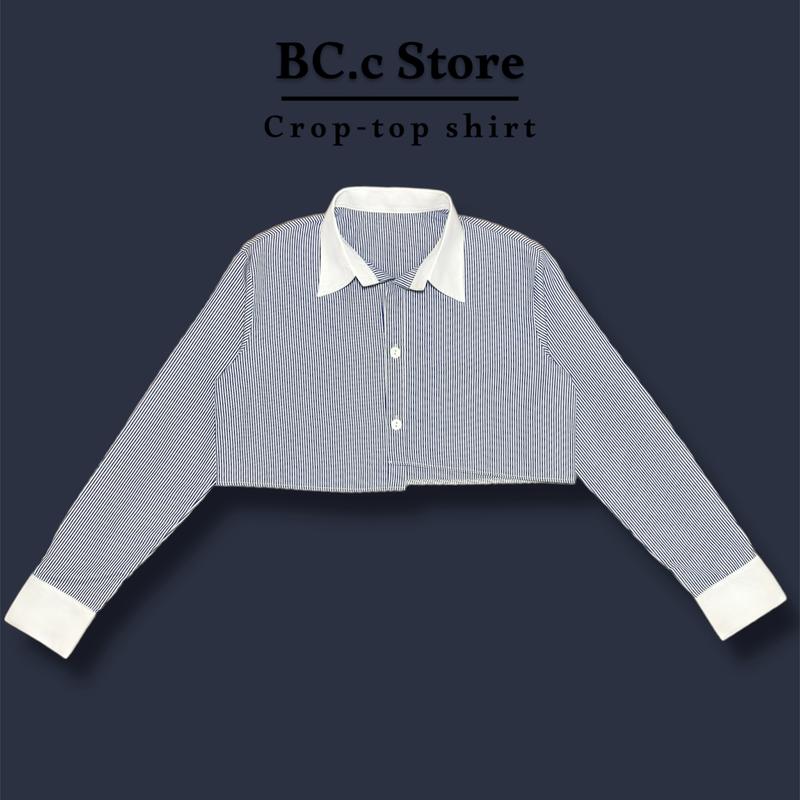 Áo sơ mi croptop kẻ vạt lệch nữ Women