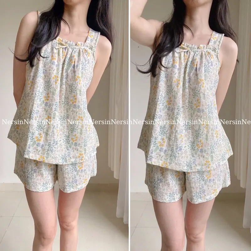 Nersin- bộ đùi mặc nhà sát nách chất liệu xô muslin cao cấp Nữ