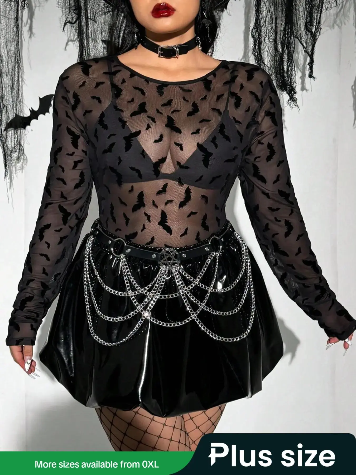 【Plus Size】 Bat Print Sheer Tee, Plus Casual Long Sleeve Top for Spring & Fall, Women's Plus Clothes for Daily Wear