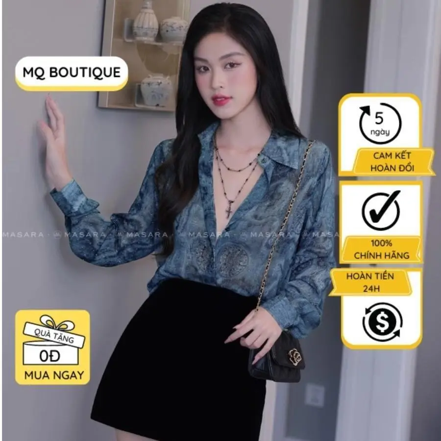 Áo tơ đính đá sơ mi nữ dài tay cao cấp công sở họa tiết vệt nền xanh sang mềm , áo sơ mi họa tiết thiết kế MQ Boutique