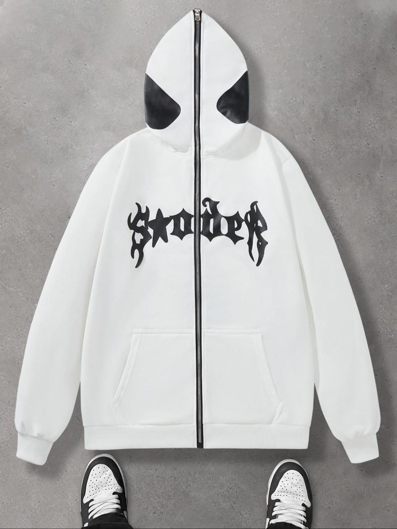 Product Introduction of Men's Cartoon Spider & Letter Print Zip Up Hoodie, Regular Fit Casual Street Long Sleeve Hooded Sweatshirt for Daily Wear, Men's Clothes for All Seasons 9