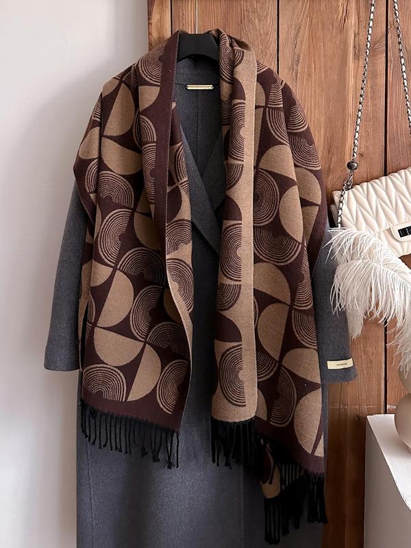 Women's Geometric Print Tassel Decor Shawl, Boho Style Casual Soft Warm Long Scarf for Fall & Winter, Fashion Accessories for Daily Wear 4
