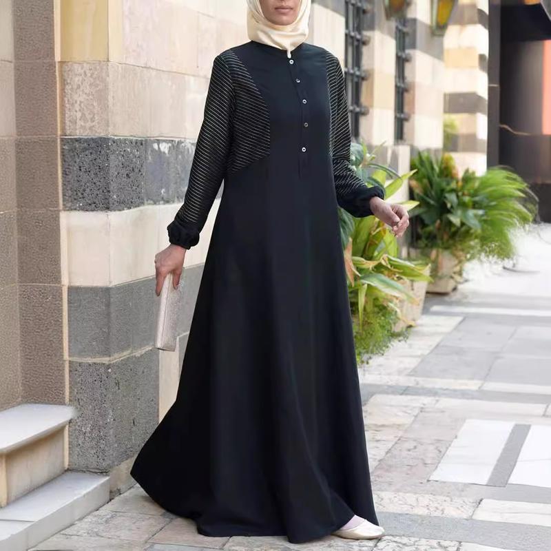 2024 New Arabic Ethnic Style Solid Color Button Patchwork Women's Muslim Long Robe 3