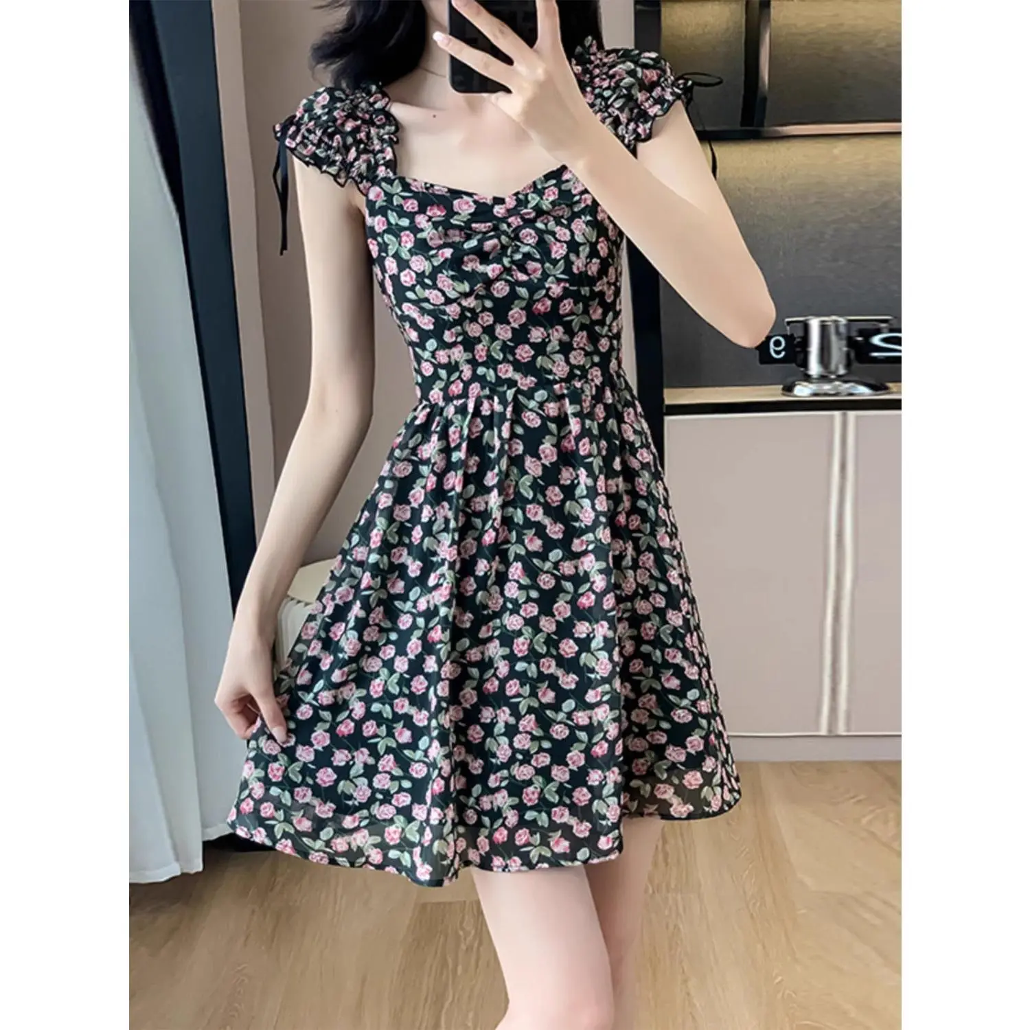 Váy Hoa Cho Nữ, Cỡ Nhỏ Mùa Hè, Phong Cách Cổ Điển, Eo-Cinching, Váy Ngắn Bó Sát Váy Chữ A Ngọt Ngào Trà Tiệc Trà