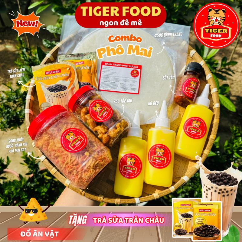 COMBO PHÔ MAI Bánh Tráng Phơi Sương & Muối Ruốc Hành Phi Phô Mai Cay + Bơ + Tóp Mỡ + Sốt tắc Chua Ngọt TIGER FOOD tặng kèm Trà Sữa Trân Châu  - Đồ ăn vặt Snack - Cake - Food