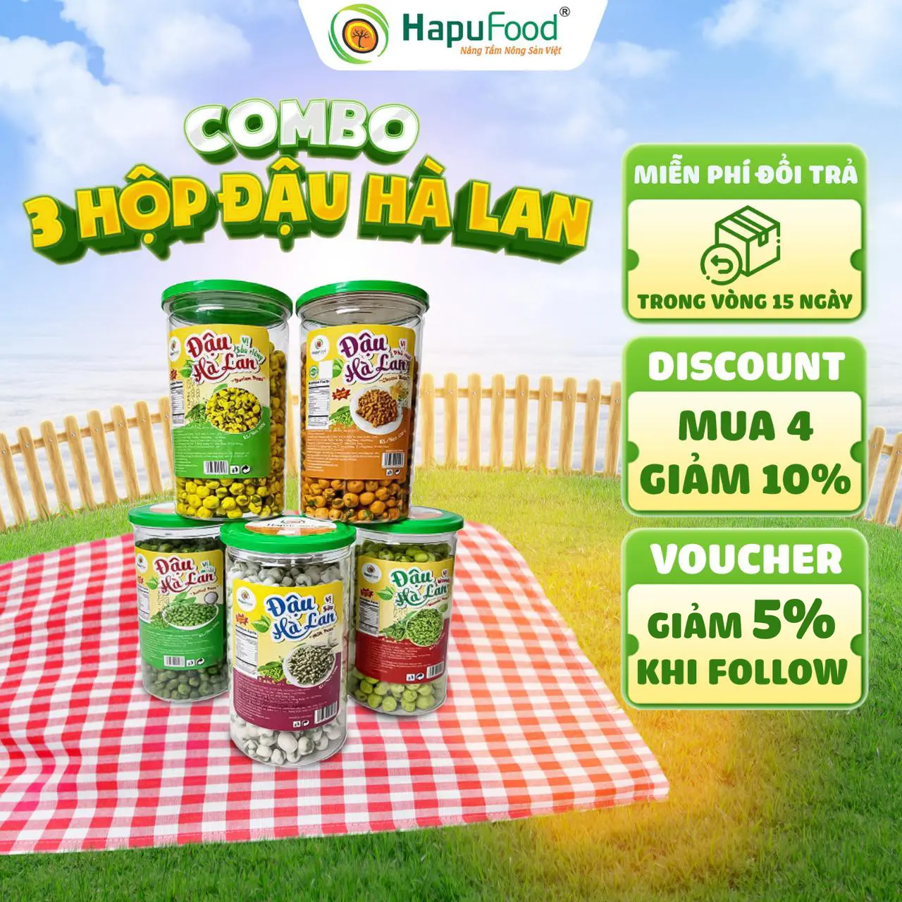 Combo 3 Hộp Đậu Hà Lan HAPUFOOD Vị Ngẫu Nhiên Ăn Vặt Hộp 330g Thơm Ngon Đầy Dinh Dưỡng
