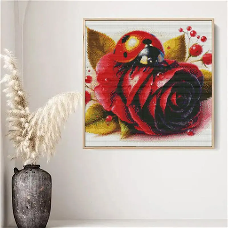 Rose Flower Ladybug Cross Stitch Embroidery Kit, DIY Needlework Printed Canvas Embroidery Tool Kit, Home Living Room Art Craft 2