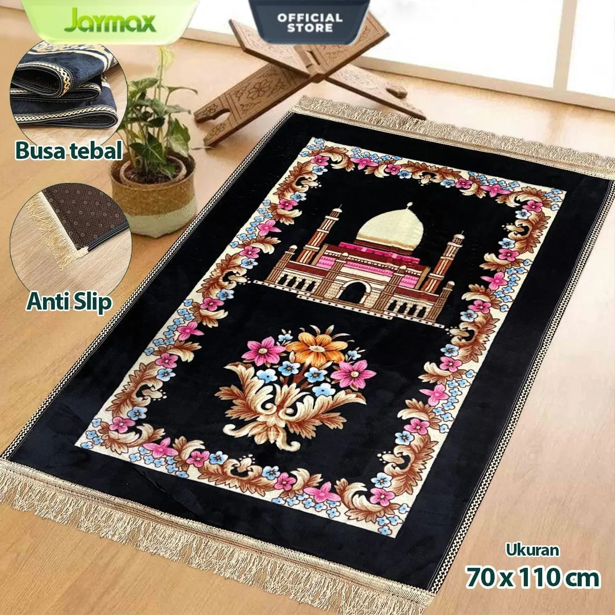 Jaymax Sajadah Turki Hitam Motif Kiswah 70x110cm Busa Lembut Rumbai Tebal Anti Slip Nyaman untuk Muslim Bulu Bludru Premium