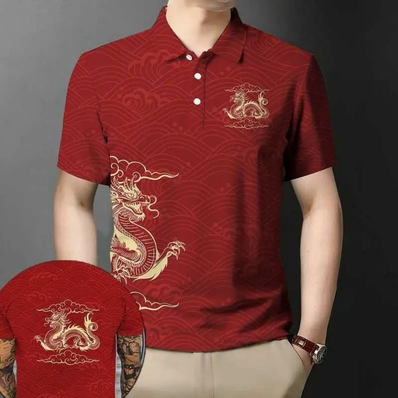 Áo Thun Nam, Phong Cách Hàn Quốc, Thể Thao Ngoài Trời, In 3D, Họa Tiết Rồng, Màu Đỏ, Áo Ngắn Tay, Thích Hợp Cho Quần Áo Ngày Lễ, Áo Polo Nam Thường Ngày Menswear Có Cổ Shirt 6