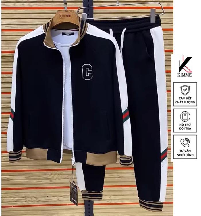 Bộ Quần áo thu đông nam Tay dài , Bộ thể thao nam thu đông bộ logo thêu chữ C Kẻ sọc Menswear Sport Chạy Bộ Thể Dục Tập Gym Tập Thể Dục