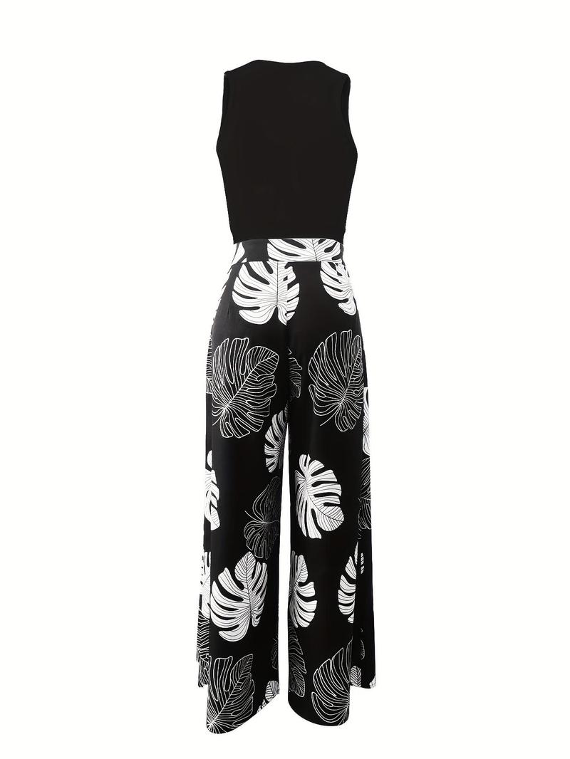 Product Introduction of Women's Solid Crop Top & Leaf Print Wide Leg Pants Two-Piece Set, Elegant Fashion Casual Top & High Waist Trousers for Daily Outdoor Wear, Ladies Outfits for Summer 2