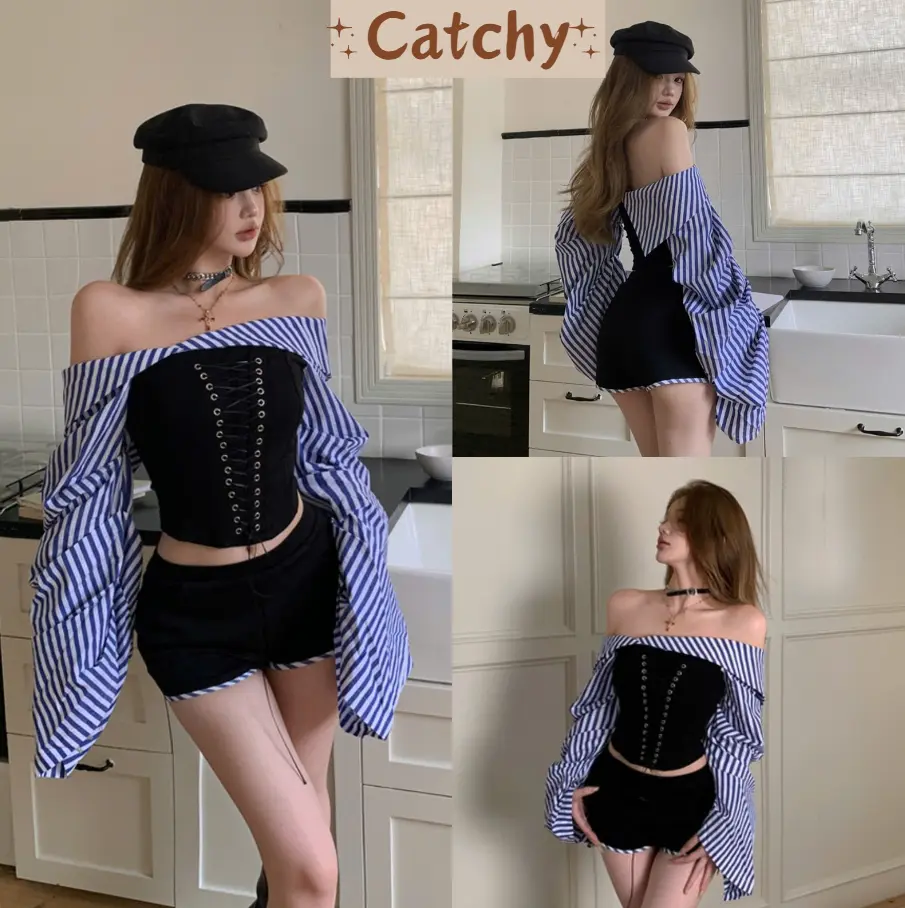 Set Đồ Nữ Sang Chảnh Áo Ống Trễ Vai Tay Dài Họa Tiết Kẻ Sọc Đan Dây Chiết Eo Phối Quần Đùi Cạp Trễ Ôm Hông Tôn Dáng Cá Tính CATCHYstore Top Women Voi Ong