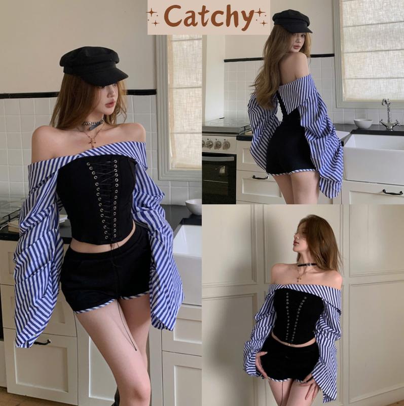 Set Đồ Nữ Sang Chảnh Áo Ống Trễ Vai Tay Dài Họa Tiết Kẻ Sọc Đan Dây Chiết Eo Phối Quần Đùi Cạp Trễ Ôm Hông Tôn Dáng Cá Tính Catchystore Thoải Mái Sang Trọng