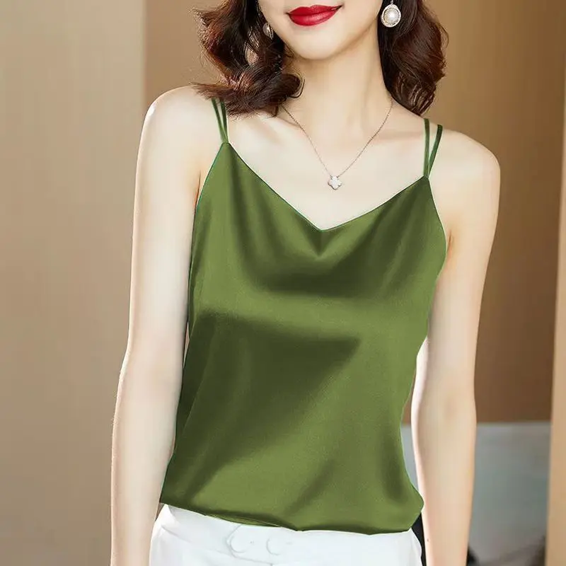 Áo Yếm Satin Lụa Lạnh Mùa Hè, Dành Cho Nữ, Thích Hợp Để Đi Xe Cơ Bản, Thiết Kế Đẹp, Độc Đáo, Có Thể Mặc Ngoài Trời, Áo Khoác Giấu Bụng 0