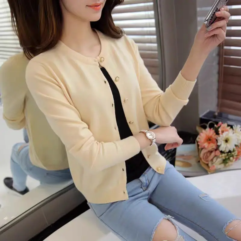 Áo Cardigan Dệt Kim, Khóa Ngọc Trai, Dành Cho Nữ, Cỡ Nhỏ Có Thể Mặc Ngoài Trời, Chất Liệu Len, Dài Ngắn, Thích Hợp Cho Mùa Xuân Và Mùa Thu, Màu Trơn Áo Khoác Len 6