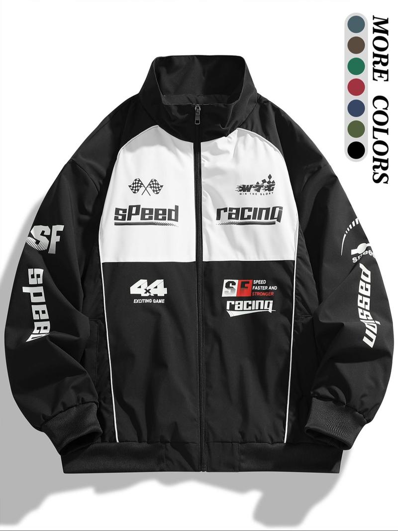 Product Introduction of Men's Colorblock Letter Print Zip Up Jacket, Regular Fit Casual Pocket Funnel Neck Windproof Outerwear for Daily Wear, Men's Clothes for All Seasons, Jackets for Men, Men's Clothing 1