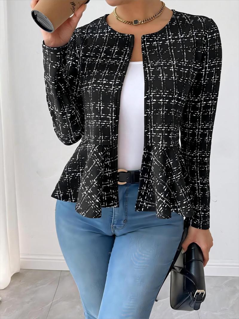 Product Introduction of Women's Plaid Print Ruffle Hem Coat, Casual Long Sleeve Open Front Outerwear for Spring & Fall, Ladies Clothes for Daily Wear 1