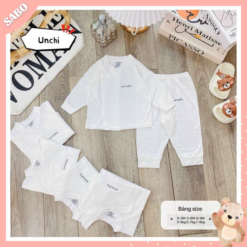 Bộ Quần Áo Dài Tay UNCHI Cúc Bấm Cài Chéo Cho Bé Sơ Sinh 3-8Kg Màu Trắng Chất Thun Lạnh Mềm Mát, Thoải Mái