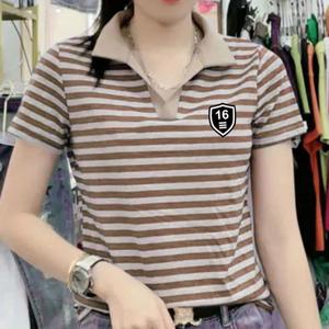 Internet Celebrity Plus Size Stripe Short Sleeve Ladies Casual Polo Shirt Classic Retro Stretch Shirts Women Korean Style Fashion Lapel T-shirt age reduction Blouse with collar