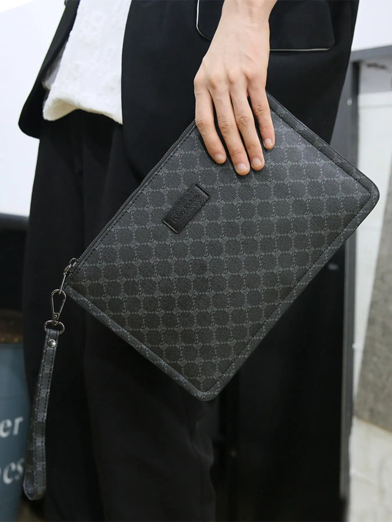 Men's Minimalist Temperament Plaid Pattern Zipper Clutch, Casual Business Pu Leather Wristlet Bag, Letter Patch Decorated Zipper Clutch for Daily Use, Gift for Men