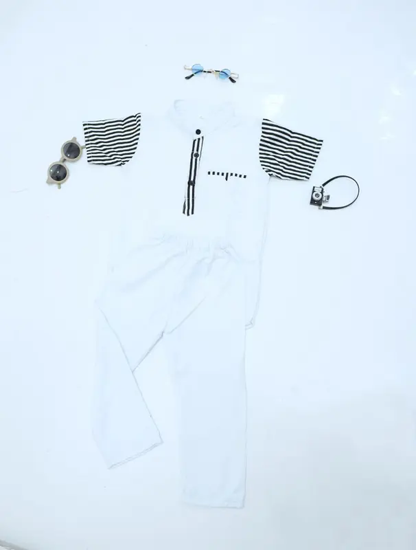satu set baju kurta anak laki laki plus peci usia 1-10 tahun Katun Polos Celana Koko Muslim Salur Setelan Nyaman Panjang Pendek 5