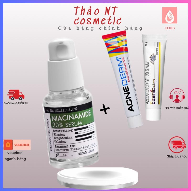 Combo giảm thâm serum niacinamide derma Factory 20% 30ml + kem Ezanic 20% Acnederm cream