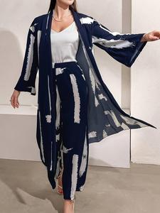 Two-Piece Set Women's Brush Print Drop Shoulder Open Front Kimono & Elastic Waist Pants, Casual Long Sleeve Outerwear & Trousers for Daily Wear, Ladies Two-Piece Outfits for All Seasons