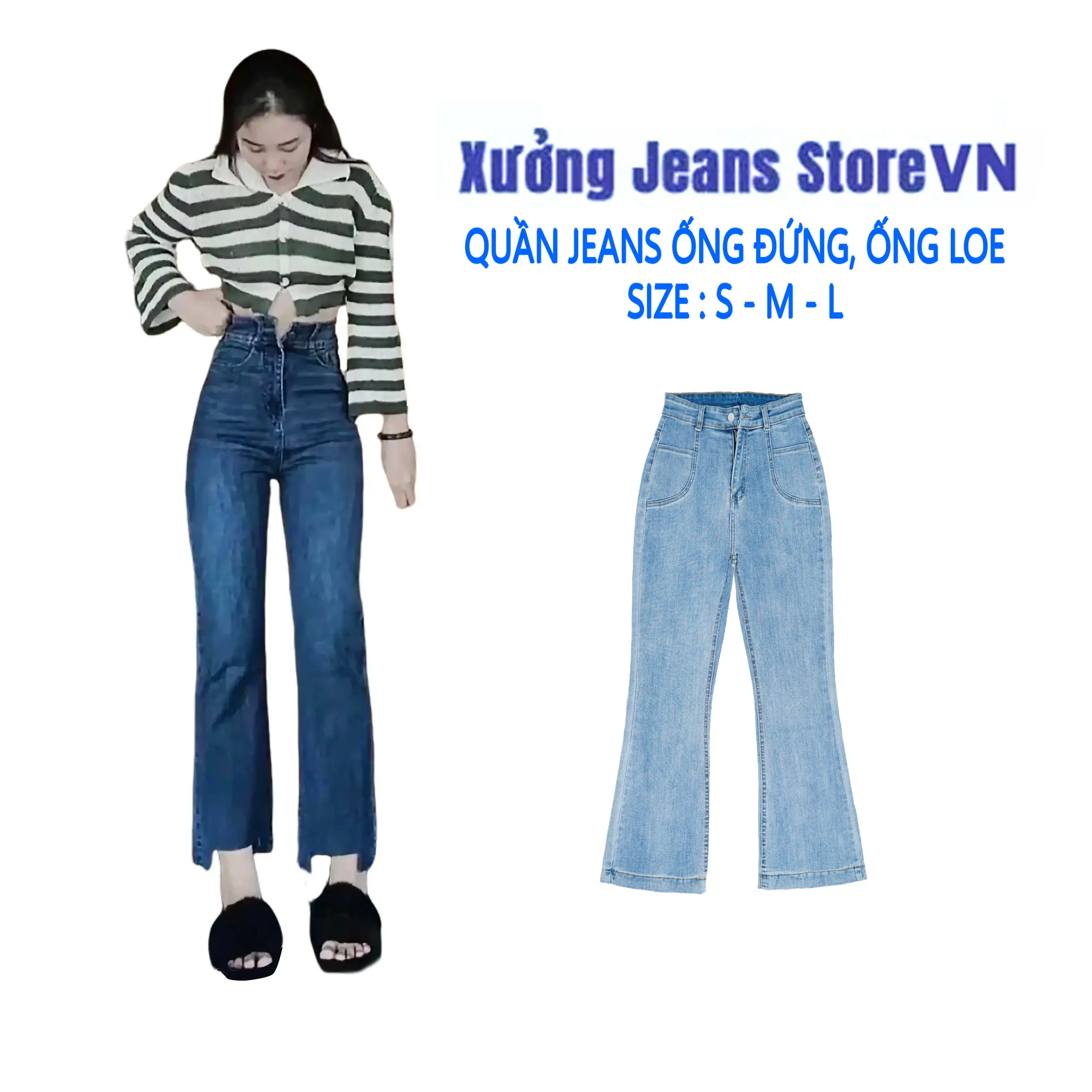 Quần Jean Nữ Ống Đứng Gấu Kiểu Ống loe Lưng Cao, Chất Jeans Mềm Co Giãn Tôn Dáng Trẻ trung Pants, Women Denim Ong Có Túi