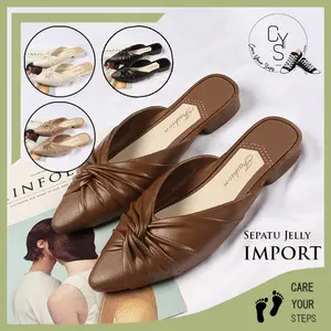 Sandal Sepatu Wanita Slip On Kasual Setengah Motif Pita Simpul Kerut Bustong Flat Korea Fashion Style Import Kekinian Jelly Shoes Sendal SPT-71 CYS