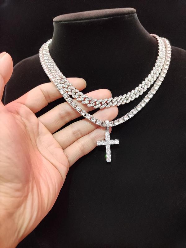 Luxury Artificial Zircon Cross Pendant Necklace & Rhinestone Cuban Chunky Chain Necklace, Sparkly Hip Hop Iced Out Bling Bling Punk Necklaces for Party Decor 3