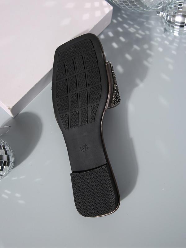 Women's Simple Plain Glitter Rhinestone Decorated Slide Sandals, Casual Comfortable Flat Sandals, Fashionable Sandals for Summer Beach Wear 2