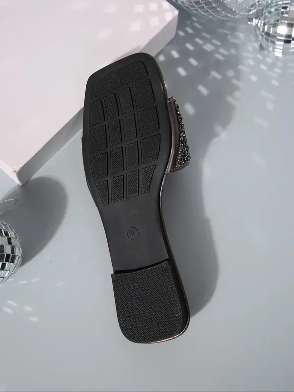Women's Simple Plain Glitter Rhinestone Decorated Slide Sandals, Casual Comfortable Flat Sandals, Fashionable Sandals for Summer Beach Wear 2