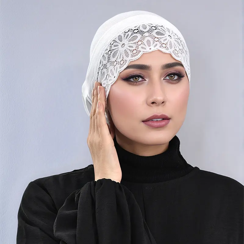 Cross-Border Hot-Selling New Mercerized Cotton Sunflower Lace Tube Hat Women's Solid Color Base Hat Soft Breathable Headwrap Hat inner  hijab