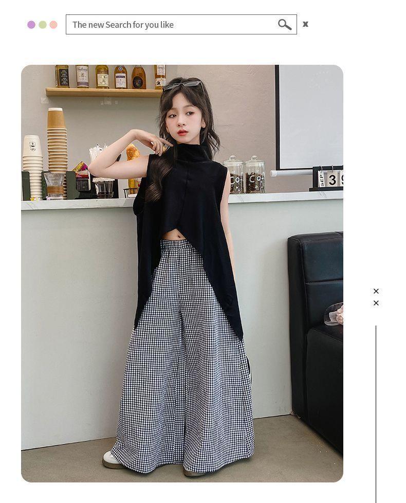 Product Introduction of Girls' Summer Suits 2024 New Summer Children Fashionable Stylish Middle and Big Children Lattice Loose Pants Two-Piece Suit Fashion 9