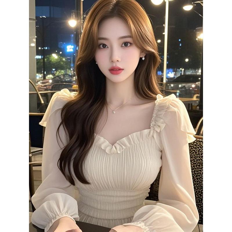 Áo Sơ Mi Dài Tay, Phong Cách Dễ Thương Và Gợi Cảm, Màu Mơ, Cổ Vuông, Xếp Nhún Tay Áo, Dành Cho Nữ, Hàng Mới Về Đầu Mùa Thu, Cỡ Nhỏ Mỏng, Hiệu Ứng Bó Sát Áo Ngắn 3