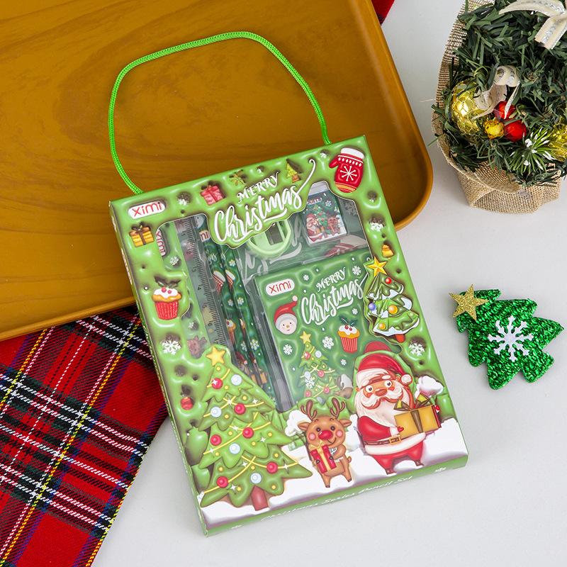 Bộ Dụng Cụ Học Tập Giáng Sinh Noel 6 Món Hộp Giấy Gồm 2 Bút Chì + Tẩy + Thước Kẻ + Gọt Bút Chì + Sổ Ghi Chép