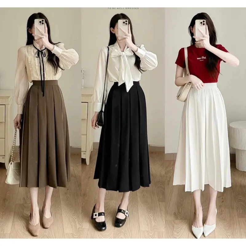 Chân váy xếp ly dài qua gối bản to cạp cao vải tuyết mưa dày bigsize - Chân váy xòe dài xếp li công sở học chơi tiệc chất