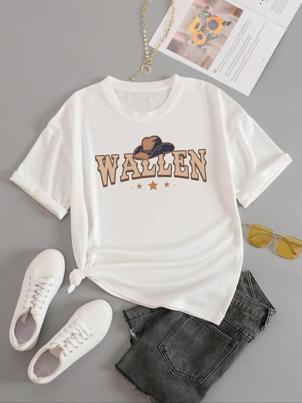 Women's Plain/Letter Print Round Neck Tee, Casual Graphic Short Sleeve T-shirt For Daily Wear, Ladies Summer Outfit 7