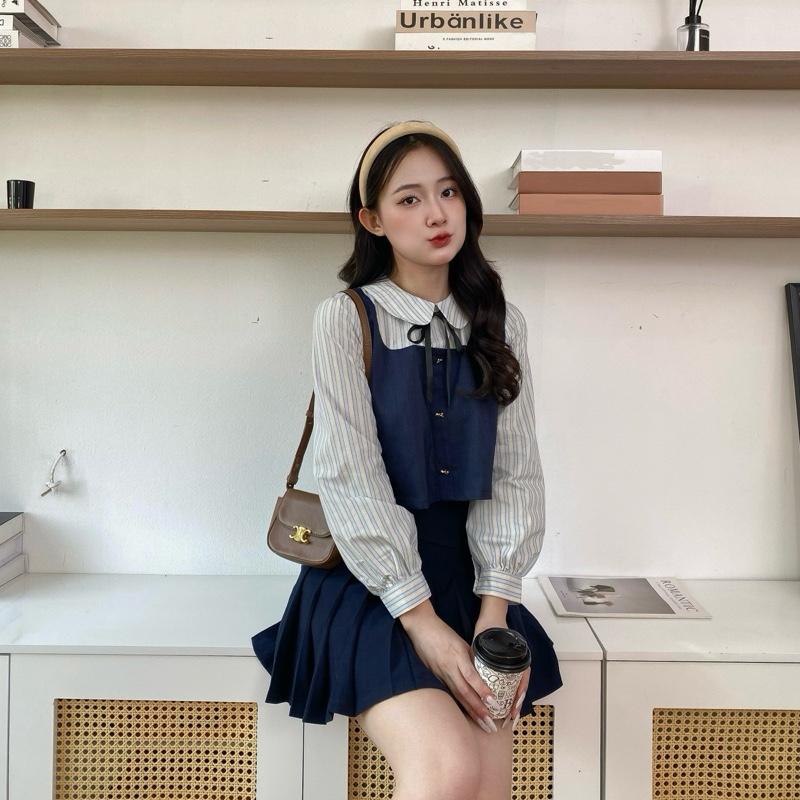 | Kèm ruy băng | Áo sơ mi nữ dáng croptop phối tay kẻ sọc chất xước mềm cotton 03 màu (Sơ mi Giao) 1