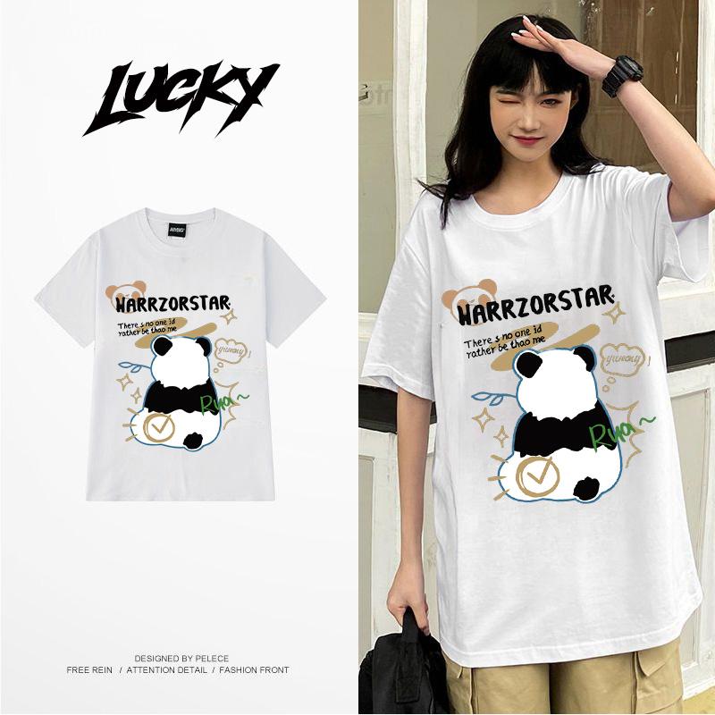 Product Introduction of Personal panda print short -sleeved T -shirt female loose sweet wind round neck top 1