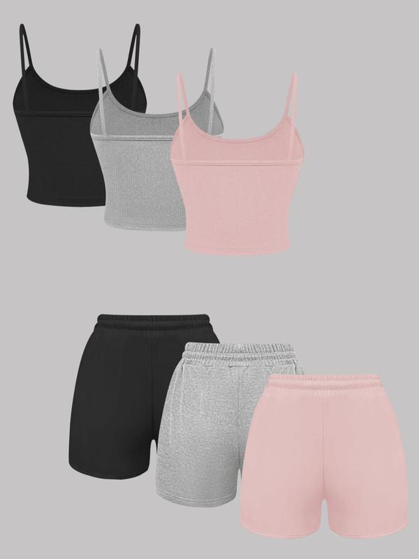 Women's Solid Ribbed Crop Cami Top & Drawstring Waist Shorts Two Piece  Lounge Set, Casual Sleeveless Crop Top & Shorts, Co-ords Set, Cute Sets Outfits Comfy, Summer Sets, Co Ords for Women 5