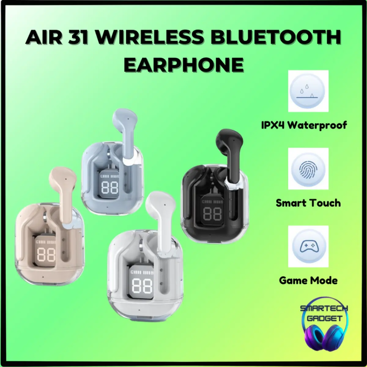 Air31 Transparent Bluetooth Earbuds 5.3 Wireless TWS Noise-Canceling Digital Display Sports Earbuds