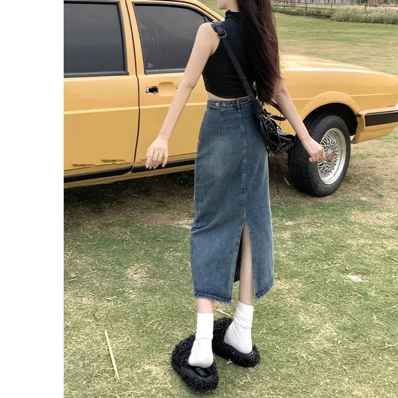 Chân Váy Denim, Cạp Cao, Xẻ Tà, Dành Cho Nữ, Phong Cách Cổ Điển Dài Trung Bình Che Nhỏ Chân Váy Chữ A, Hàng Mới Về Mùa Hè 2024 Women Khuy