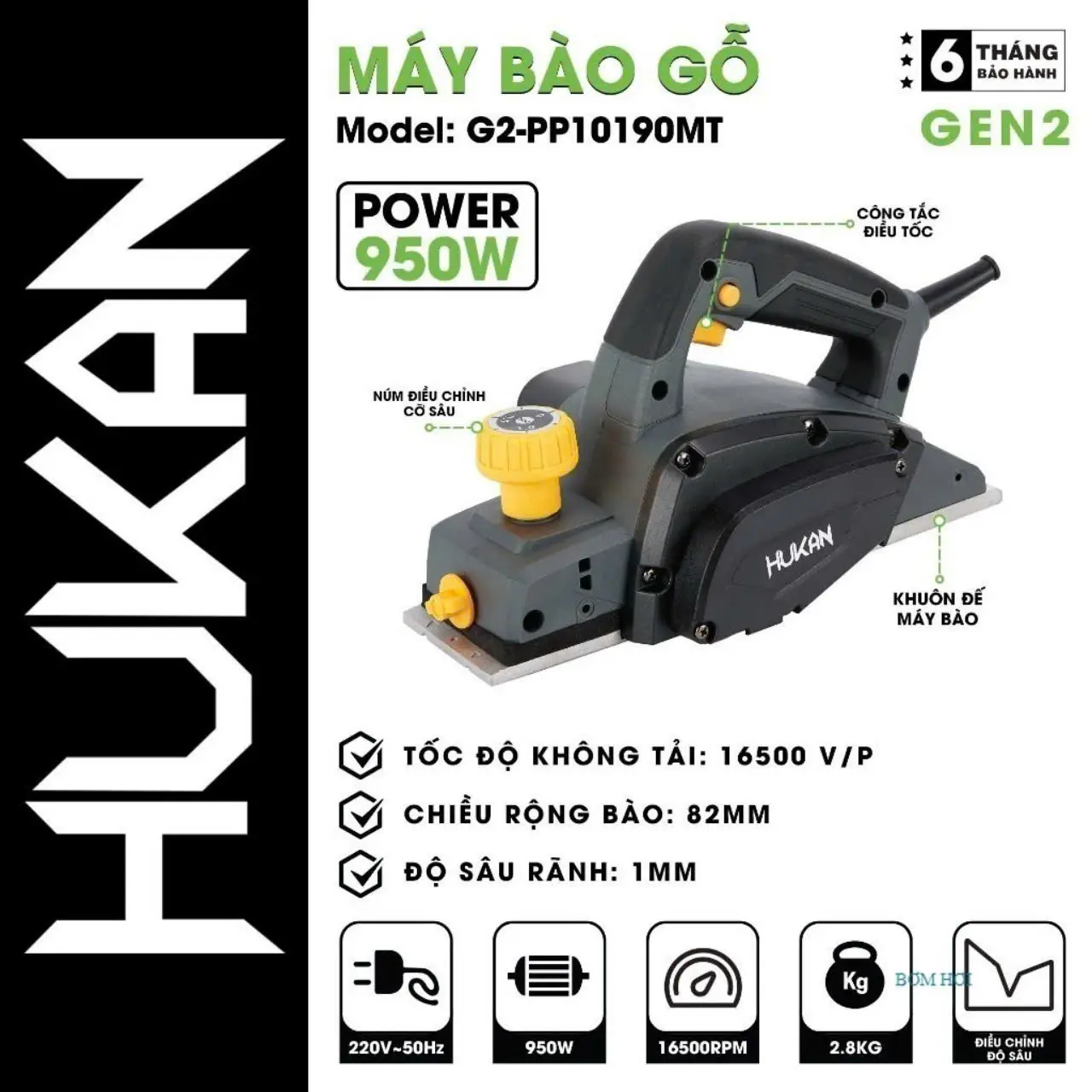 Máy bào gỗ HUKAN G2-PP10190MT ,công xuất 950w siêu khỏe Chiều rộng bào: 82mm chính hãng