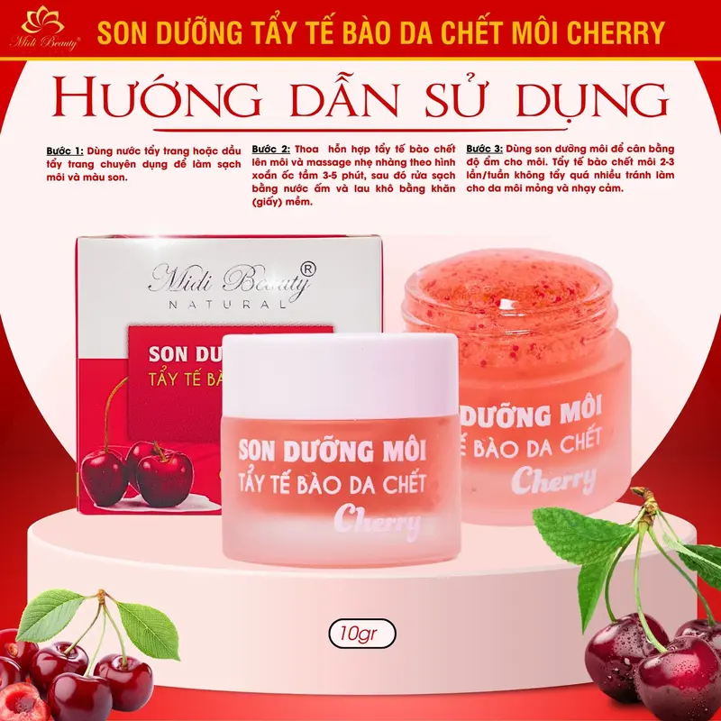 [TẶNG CỌ SILICON] Son Dưỡng Hồng Môi CHERRY 10G và Son Dưỡng Tẩy Da Chết Môi CHERRY 10G Midi Beauty Natural: Dưỡng môi mềm mại, hồng môi, bóng môi. Hỗ trợ mờ thâm môi và k.ích m.àu m.ôi phun xăm [Kèm Muỗng+Thẻ Bảo Hành] Nữ Women 8