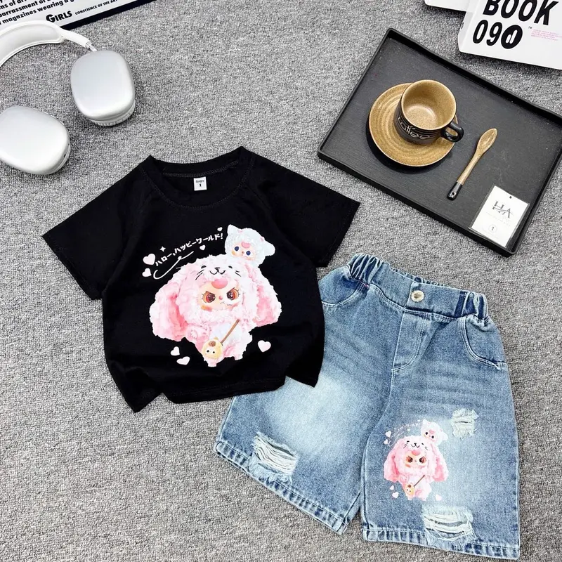 ( 11-35kg) Bộ quần bò jean cộc + áo phông in hình baby  cho bé gái mã 01 4