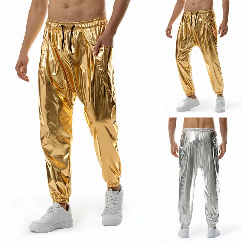 S-3XL Men PU Leather Pants Joggers Metal Shiny Night Club Disco Party Elastic Waist Spring Summer Autumn Korean Street Slim Loose Plus Size Gold Silver