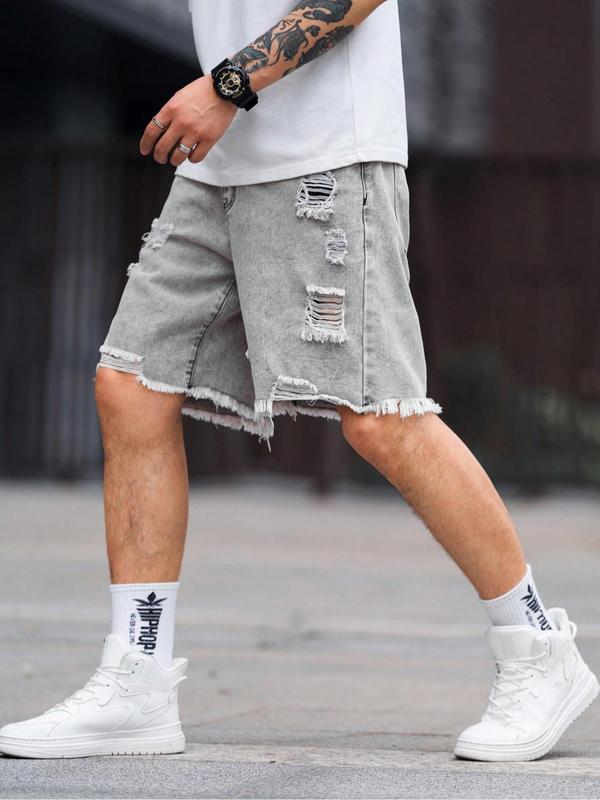 Men's Solid Color Ripped Denim Shorts, Fashion Loose Fit Short Jeans for Summer, Men's Bottoms for Daily Wear, Cotton, Womenswear 2