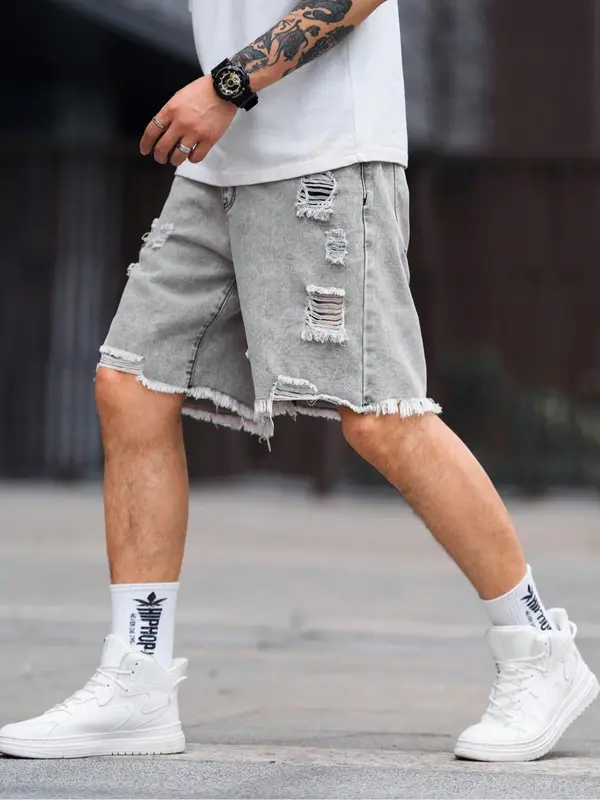 Men's Solid Color Ripped Denim Shorts, Fashion Loose Fit Short Jeans for Summer, Men's Bottoms for Daily Wear, Cotton, Womenswear 2